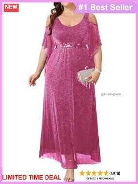 Plus Size Sparkly Sequin A-Line Maxi Formal Dress Cold Shoulder Evening Gown